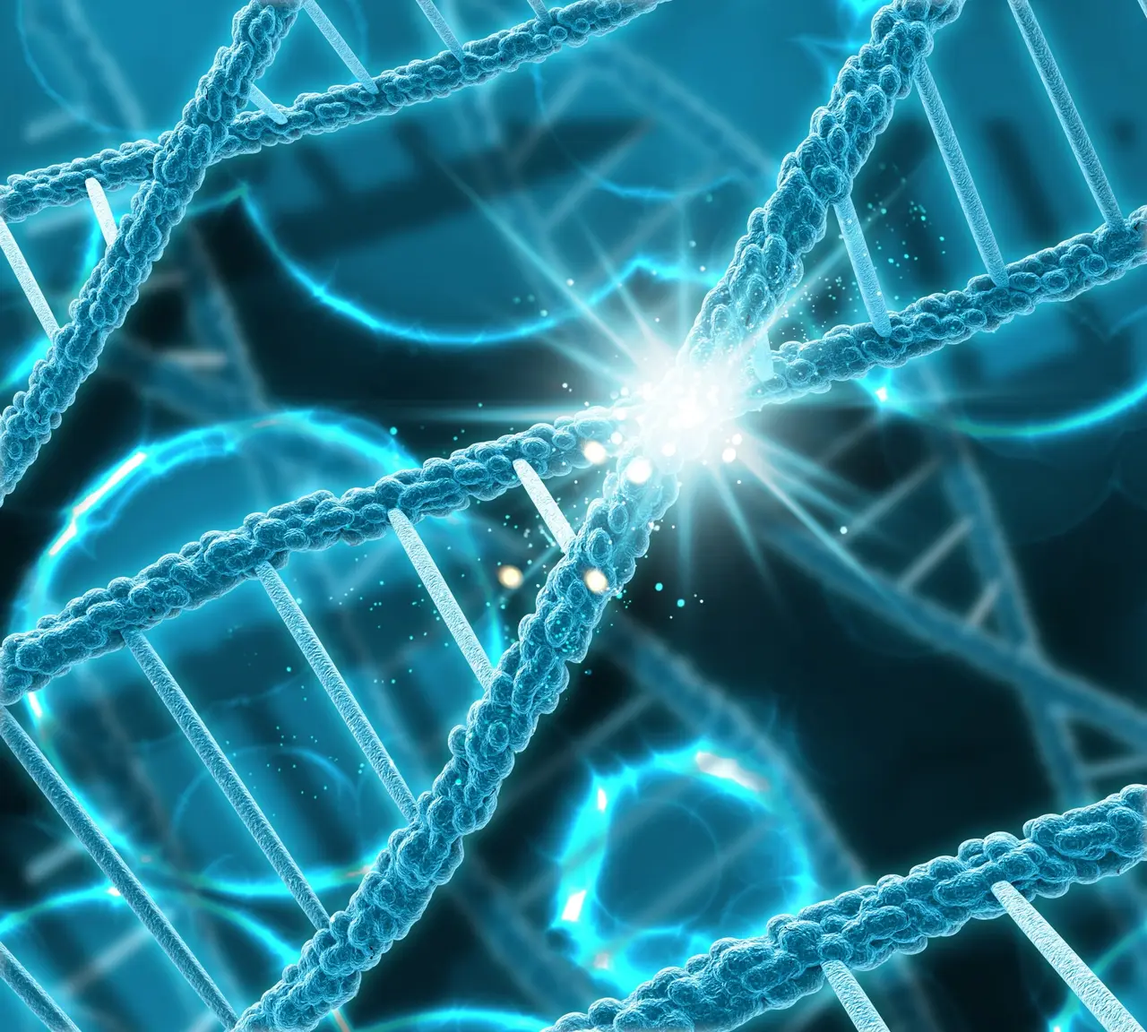 Filamento di DNA con un'esplosione di luce al centro 